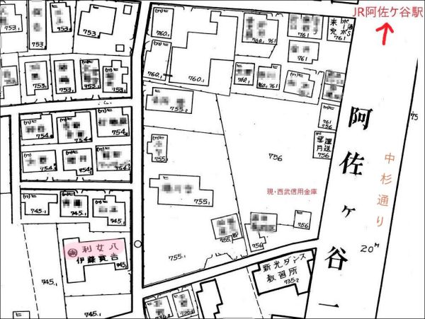 旅館利女八があった場所（昭和34年火災保険図に加筆）